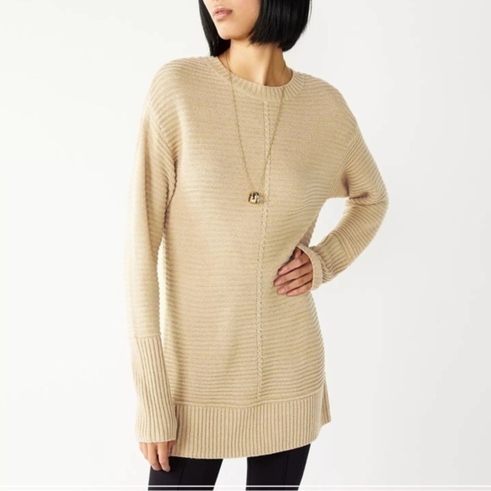 Nine West Crewneck Essential Acrylic Blend Tunic Sweater Women Size Large Cream